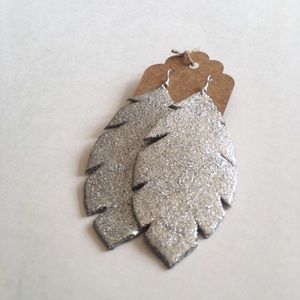 Silver Sparkly Glitter Leather Feather Earrings